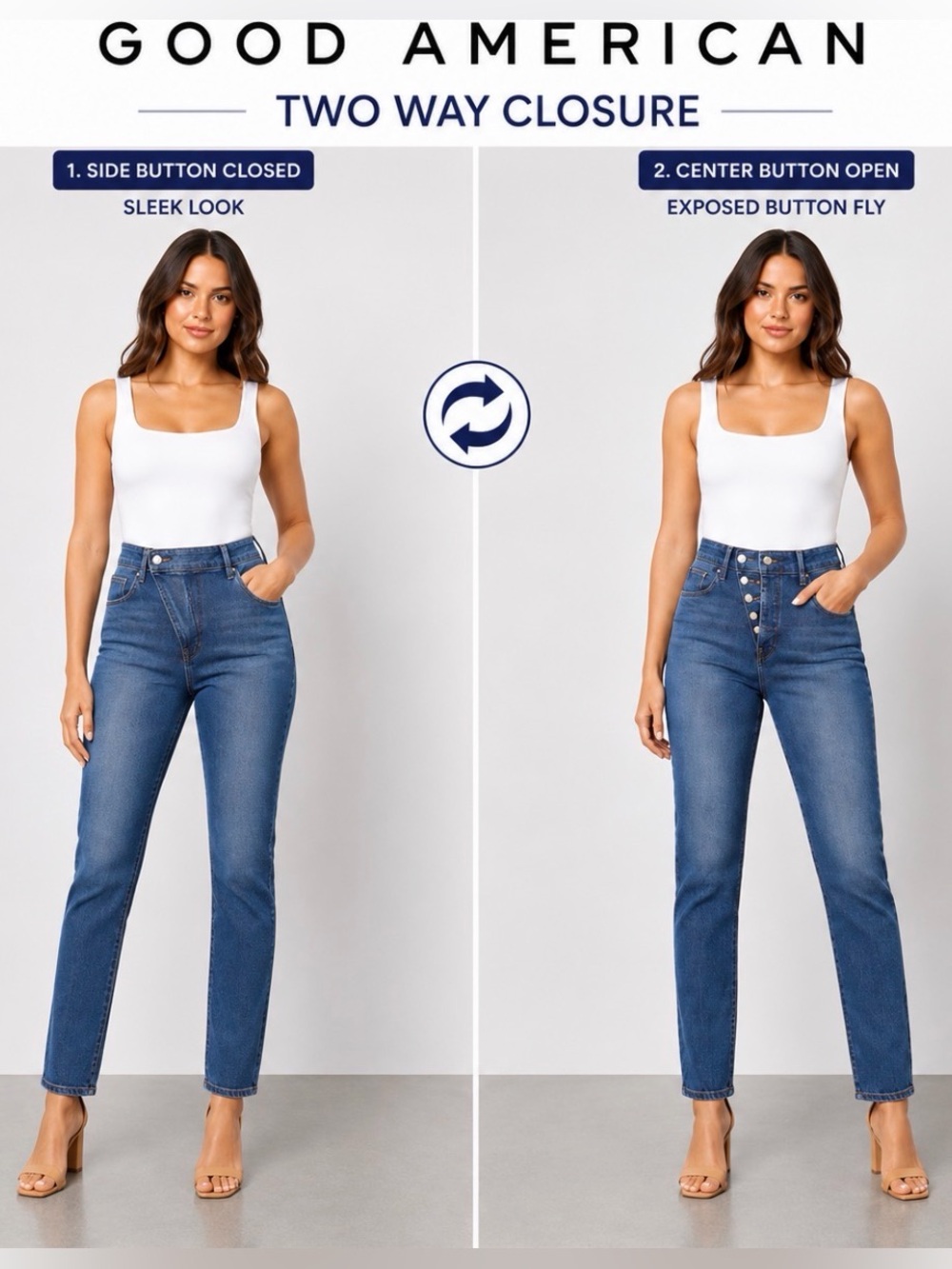 Good American High Rise Straight Jeans 14/32 Convertible Button Fly Medium Wash